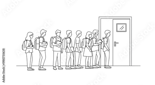 Line art illustration of diverse people queueing patiently outside closed door waiting in line with backpacks and casual clothes