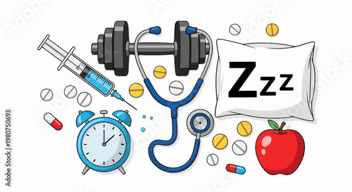 Health and wellness objects including dumbbell, stethoscope, pills, syringe, alarm, and pillow with Zzz