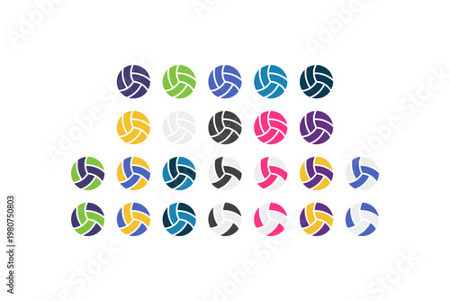 Colorful volleyball icons set in various designs and patterns.