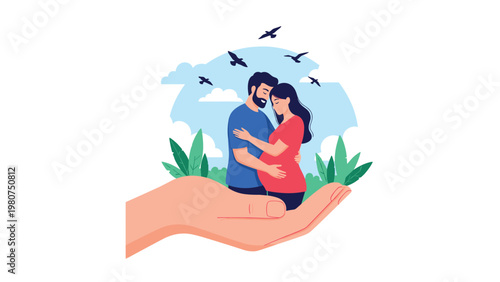 Giant caring hand protects a loving couple expecting a baby to represent family health insurance and safety concepts.
