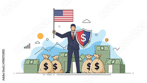 Patriotic businessman stands with an american flag and a dollar shield amidst piles of cash to represent national wealth.
