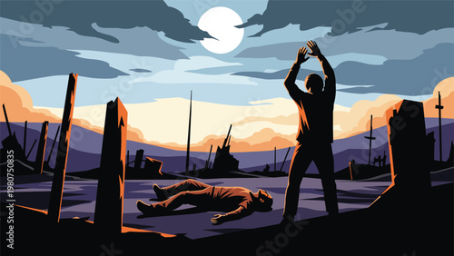 Victorious survivor stands with raised arms over a fallen enemy in a desolate post-apocalyptic landscape under a full moon.