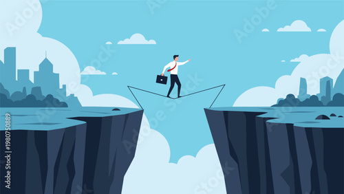 Determined businessman balancing on a tightrope to cross a dangerous gap between two high cliffs under a clear blue sky.