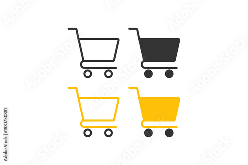 Set of four shopping cart icons in black and yellow with minimalist design.