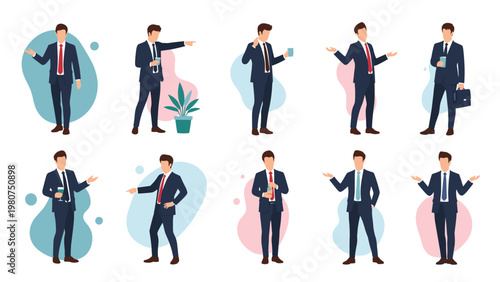 Diverse collection of businessman character poses showing various professional gestures and activities for corporate presentations.