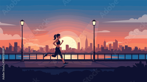 Active woman jogging along a waterfront path during a beautiful sunset with a detailed city skyline and river in the distance.