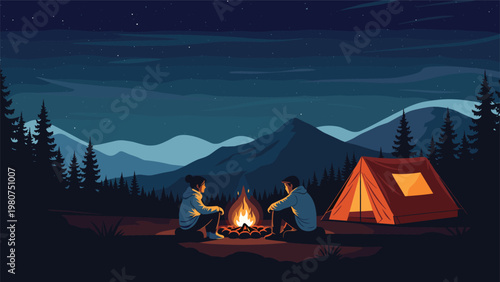 Peaceful couple sitting by a glowing campfire outside their tent during a starry night in a scenic mountain and forest landscape.