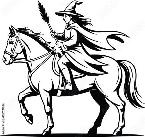Black and white of a witch riding a horse holding a broomstick