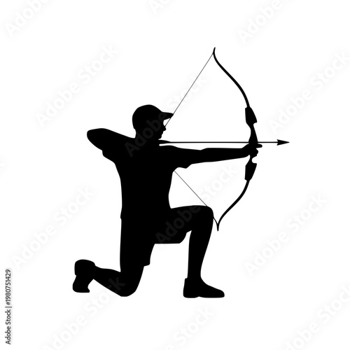 Vector graphic illustration of a man in a kneeling position aiming a bow and arrow in a dynamic sports pose
