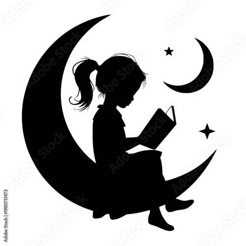 Silhouette of a little girl sitting on a crescent moon and reading a book under the stars at night