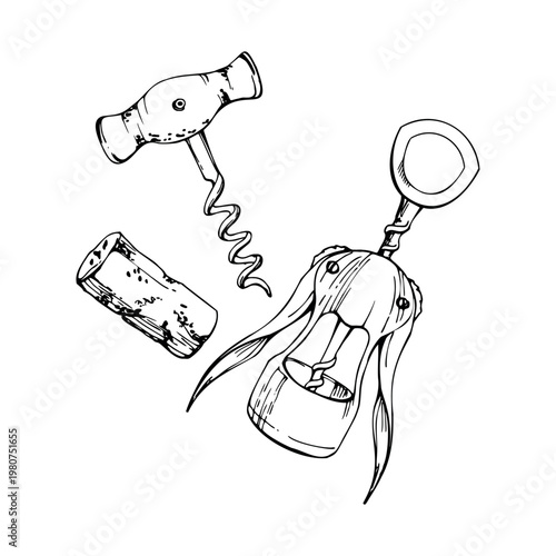 Winged, T-shaped corkscrew wine opener tools, cork. Ink vector illustration hand drawn for bar equipment icon, winery branding, sommelier guides, wine education materials, tasting event visuals.