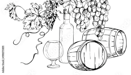 Wine bottle, oak barrel and balloon glass under hanging grapevine with fruit bunches, leaves and creepers. Isolated hand drawn ink vector illustration. Premium labels, menus, promotional graphics.