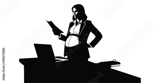 Pregnant businesswoman silhouette working at office desk with laptop.
