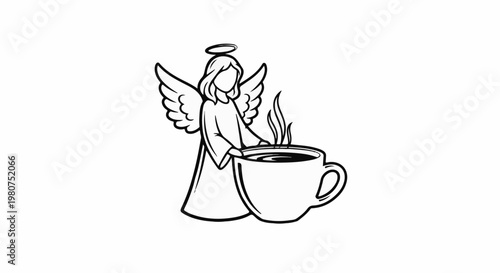 A cartoon angel with wings and halo holds a steaming cup of coffee