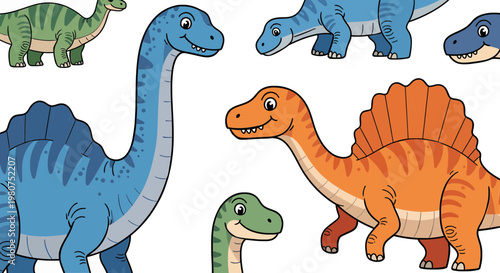 Collection of friendly cartoon dinosaurs, including Brontosaurus, Spinosaurus, and Stegosaurus.
