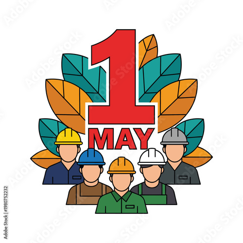 Celebrate International Workers' Day on 1 May with this vibrant vector featuring diverse workers and decorative leaves