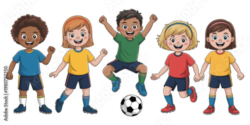 Diverse group of happy children in soccer uniforms celebrating with a ball kids football