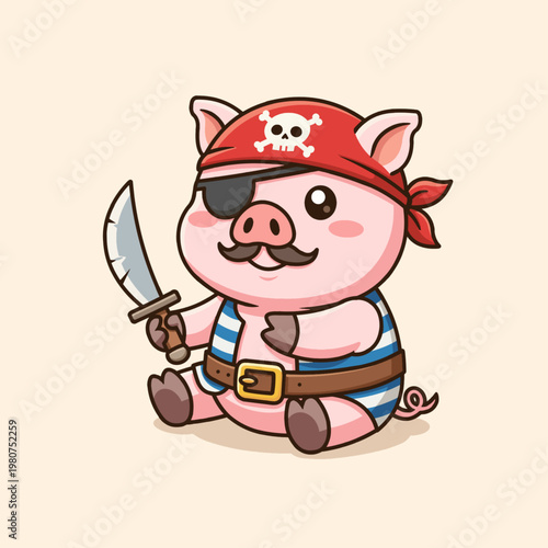 Cute pig mascot vector illustration sitting while dressed as a cheerful pirate, featuring a classic eye patch and the sword. 