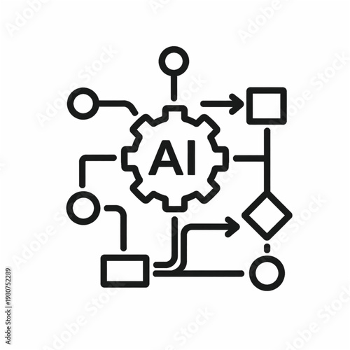 Artificial intelligence concept with interconnected nodes gears and geometric shapes in a linear design high quality
