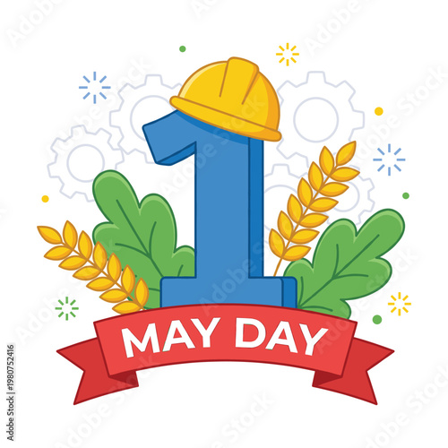 May Day vector design with hard hat, "1", wheat, and banner. Perfect for Labor Day greetings and promotions