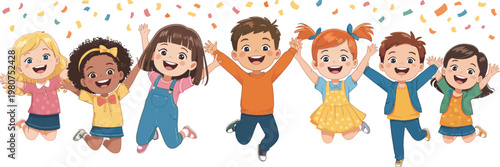 Diverse group of happy children jumping with confetti falling around them kids celebration
