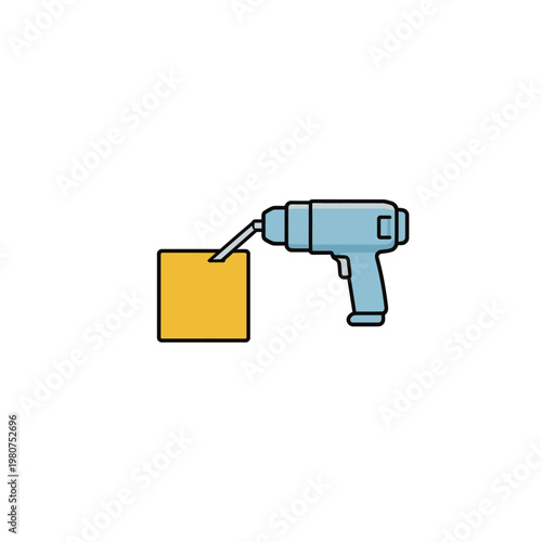 Blue power drill is being used to drill a hole into a square yellow vector block.