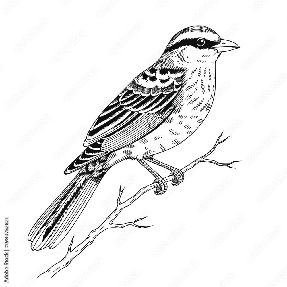 Fototapeta premium A detailed black and white illustration of a small bird perched on a branch