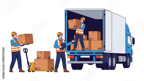 Efficient Logistics: A team of logistics professionals meticulously loads and organizes packages into a delivery truck, showcasing seamless coordination and operational excellence.
