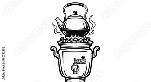 A black and white illustration of a samovar with a kettle brewing over a fire