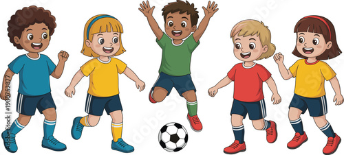 Five diverse children in soccer uniforms running and jumping with a soccer ball kids football