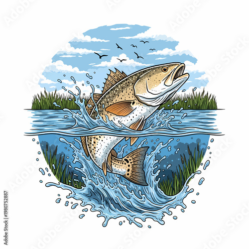 Speckled trout jumping out of water with marsh reeds in background