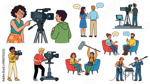 Diverse group of people engaged in various aspects of video production and media creation.