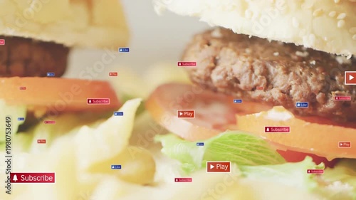 Camera pullback causing badges floating as patty, tomato, greens revealing fries, CTAs for clicks
