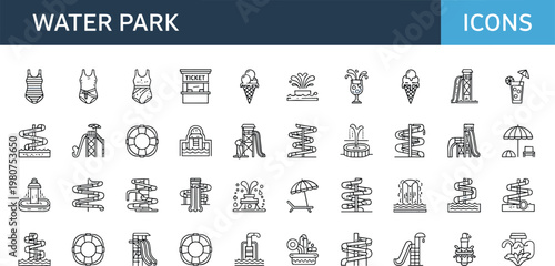 Water park line icon set with slides pool lifebuoy umbrella ticket fountain aquapark summer recreation outline vector collection