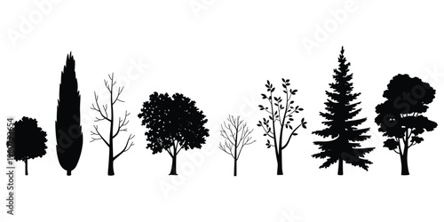 Horizontal row of black tree silhouettes on a white background Keywords: tree, silhouette, black, white, background, nature