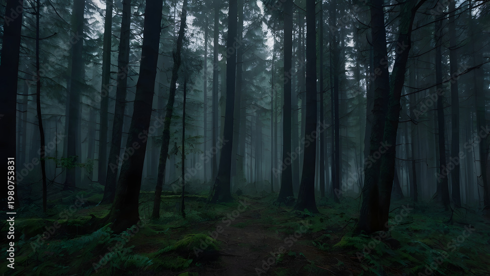 Fototapeta premium Deep Foggy Pine Forest with Soft Blue Tones and Low Visibility