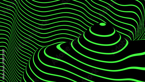 Black and green abstract background, 3D fantasy lines, striped modern technology and science design.