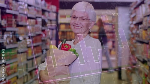 Camera panning, shopper turning to camera, smiling, animated grid highlighting produce for retail