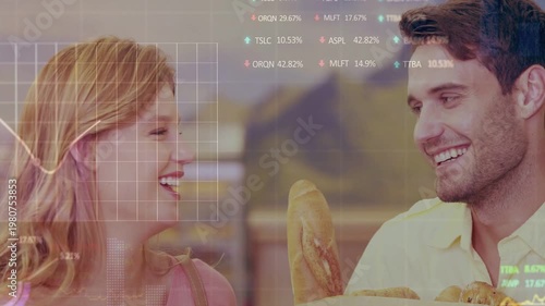 Two shoppers smiling while camera pulling back and grocery charts overlaying bags, showing rates