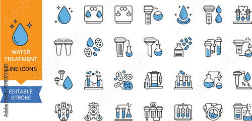 Water treatment line icons set with filtration purification wastewater sanitation editable stroke outline vector collection for environmental engineering systems