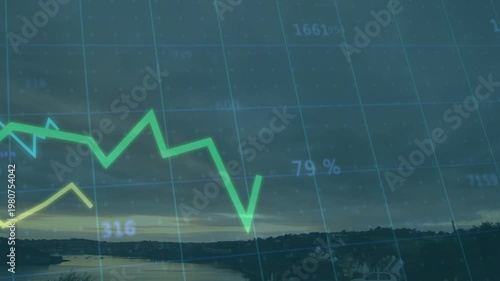 Sensor feed driving water grid in dusk bay monitoring, animating green line rising spiking falling