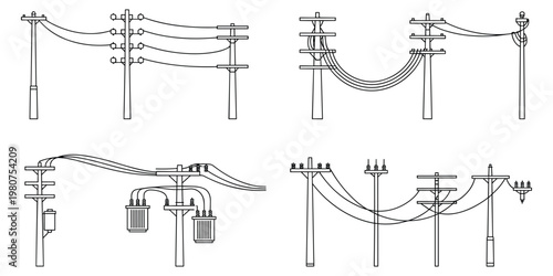 Overhead Power Line Poles with Transformers and Wires Line Art vector illustration