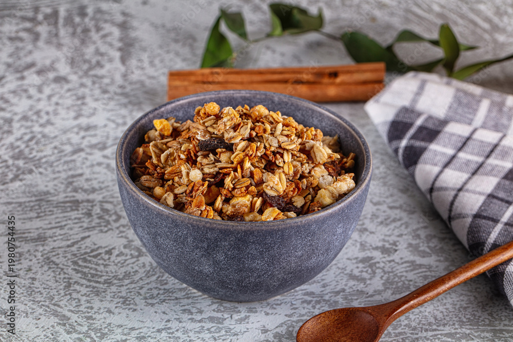 Fototapeta premium Dry Muesli granola snack with cereal, nuts and berries