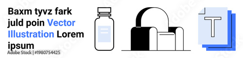 Healthcare design, interior decor, document management, minimalism, modern design, professional concepts. A medical bottle, armchair and document icons with clean lines. Healthcare design