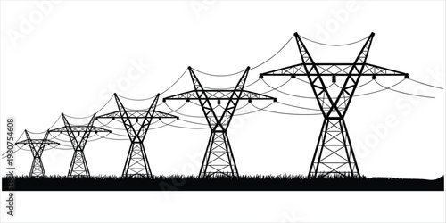 Silhouette of a line of electricity pylons with power lines stretching across a grassy field transmission
