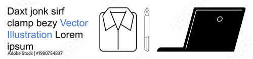 Office supplies, workplace setup, business communication, corporate identity, productivity, and minimal design. Shirt, pen and laptop in clean black-and-white style. Workplace setup and business