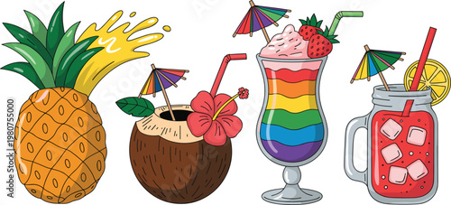 Tropical Summer Drinks Pineapple Coconut Rainbow Cocktail Mason Jar Drink vector illustration