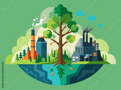 A stylized illustration depicting the contrast between nature and industry