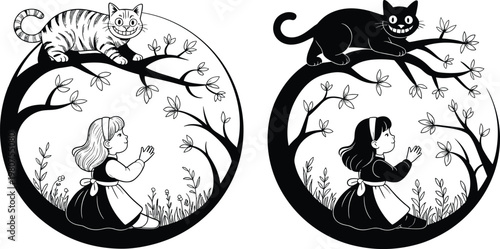 Two black and white cartoon illustrations of a girl interacting with cats on a tree branch Keywords: cartoon, illustration, girl