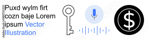 Security access, audio recognition, online payments, digital economy, innovation, financial services. Design with a key, microphone symbol and dollar icon. Security access and audio recognition